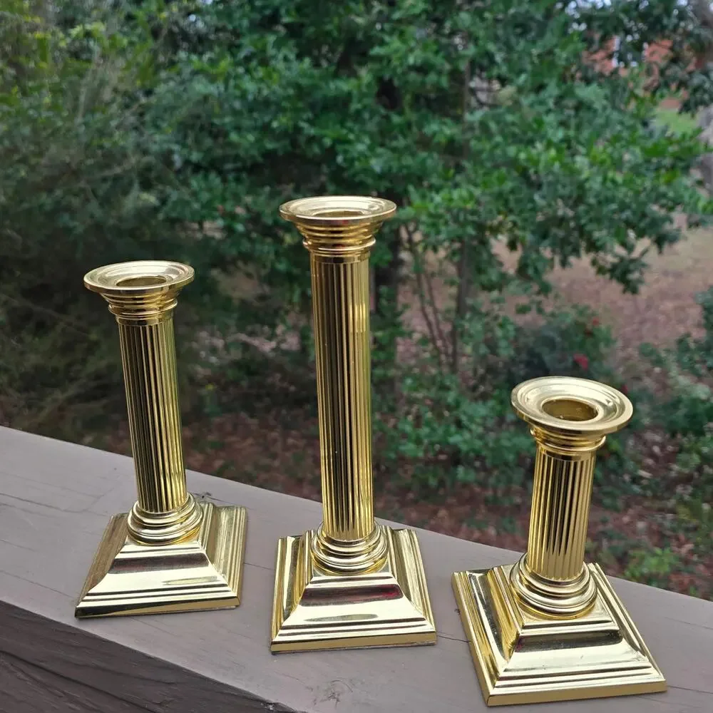 Baldwin Brass Column Candlesticks Smithsonian Shiny Gold Tone Metal Set of 3 Vtg